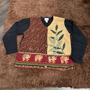 Multicolor Women's Cardigan with Elephant and Leaf Design
